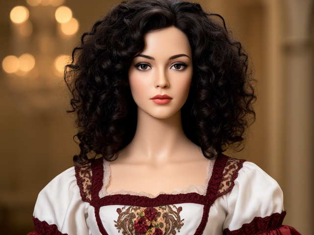 Mannequin with curly black 1700s hair, with a white royal mid 1700s style gown with dark red accents, and floral accents, and cheetah print accents, full body