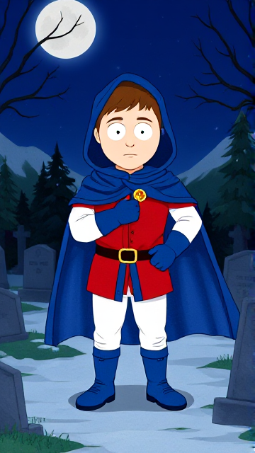 Dramatic Cartoon scene: Clyde Donovan from South Park, light skin and brown hair, but as a 14-Year Old teenager, dressed as a medieval prince, wearing a red shirt with white sleeves, a black belt with a gold buckle, white pants, blue boots, blue long-cuffed gloves, and wreathed in a really big, heel-length long, ultra-wide blue hooded cape around his neck held up by a golden button. He is now known as Prince Donovan. Despite still being a teenage kid, he is the Youngest Ruler of South Park, Colorado, but now reborn as the real life Kingdom of Kupa Keep, Zaron, and Prince Donovan is its youngest and greatest hero. The young teenage prince of Kupa Keep is currently standing in a graveyard at night, visiting the grave of his deceased mother, paying his respects while he wishes she could have seen the prince he has become.
