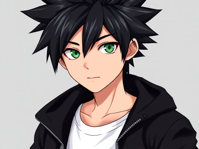 My hero academia inspired styled OC. Black spikey hair. Around 14. Wears a white T-shirt with a black jacket. 3/4 view. Green or grey eyes.