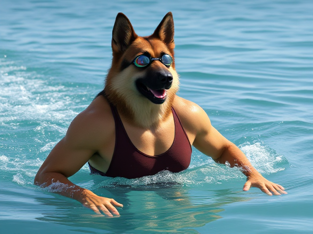 A tall anthropomorphic long-haired German shepherd Olympic swimmer with a long torso and broad shoulders wearing a one-piece swimsuit and goggles, swimming in the sea
