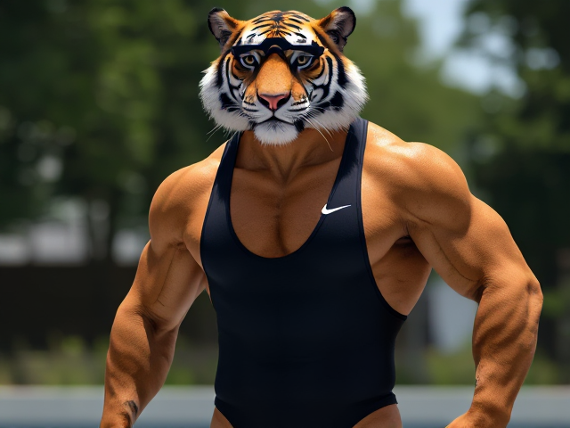 A tall athletic anthropomorphic tiger with a long torso, wearing a high cut Nike one piece swimsuit and swimming goggles