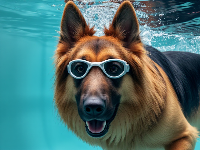 A long-haired German Shepherd wearing swimming goggles underwater