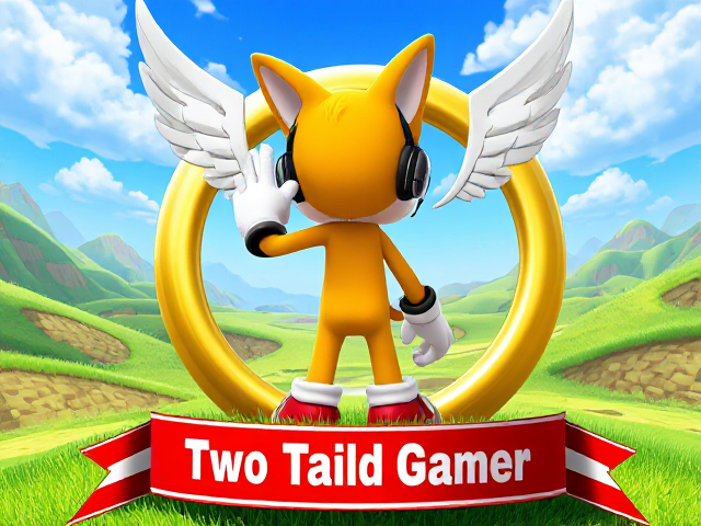 A detailed and vibrant close-up depiction of a zone reminiscent of the iconic Green Hill Zone from the Sonic the Hedgehog video game series, featuring lush green grass, checkered soil patterns, loop-de-loops in the background, and bright blue skies with fluffy clouds. In the middle is a giant gold ring with big angel wings on its sides, shimmering in the sunlight. Miles "Tails" Prower stands inside the ring,looking back over his shoulder towards us while wearing a sleek modern gaming headset. Tails is giving us a peace sign with his hand, his fur appearing detailed and vibrant. Tails has his back slightly facing us, showing off his twin tails swaying gently. Below the ring is a red and white banner with "Two Tailed Gamer" written on it in bold letters