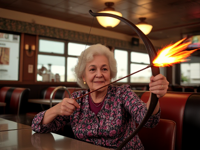 Elderly lady in an old fashioned diner with a flaming bow and arrow
