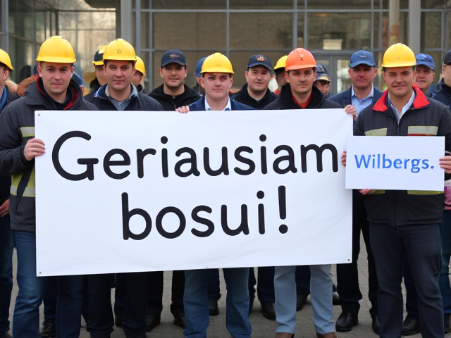 image in which group of workers are holdings big sign in which is writen this text: Geriausiam bosui! Few worker in back are holding smaller sign with blue text: Wilbergs.  do not change sign text
