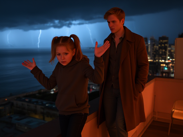 A petite 13-year-old girl with strawberry blonde hair in a ponytail, wearing a hooded pullover and jeans, is stepping onto the roof ledge of a night club.  behind her, is a modern-day, pale skinned vampire in his late twenties, with blonde hair, dressed in a brown trench coat and jeans. He appears uneasy as he looks at her. The girl gestures angrily at him, flailing her arms. A thunderstorm approaches the cityscape from the sea shore. Set at night.