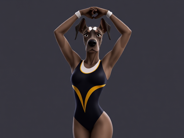 A anthropomorphic Great Dane Olympic gymnast wearing a leotard, stretching her arms over her head