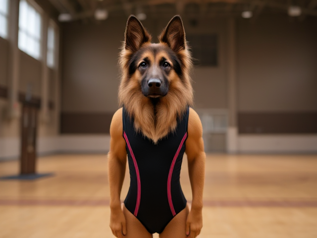 A anthropomorphic long haired German shepherd wearing a gymnastics leotard in a gymnasium