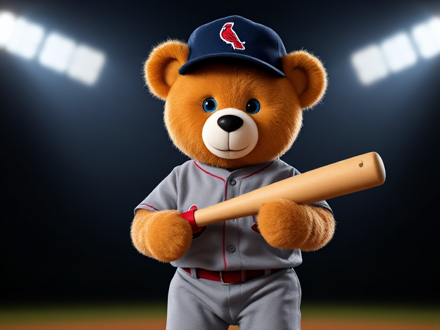 A human thin teddy bear 5 feet 8 inches tall orange tan fur blue eyes white nose wearing a cardinals uniform navy hat with cardinal bird logo grey jersey and pants with  red socks red cleats holding a new baseball bat that's tan with red grip tape