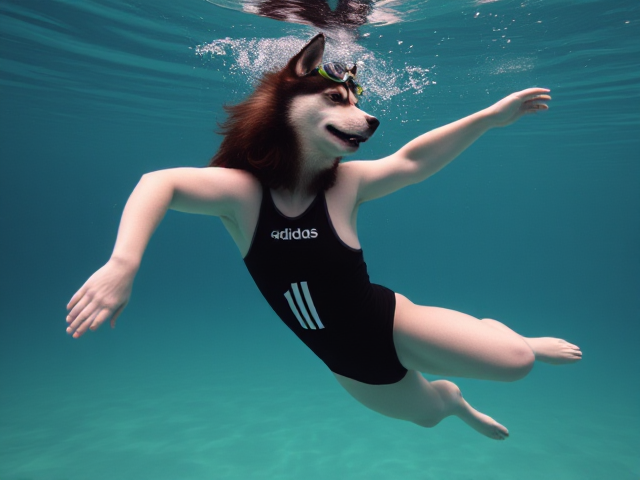 A anthropomorphic Siberian husky wearing an adidas swimsuit and swimming goggles dancing underwater