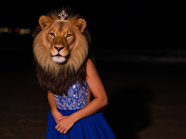 A glorious beautifully girl with sparkles on dress at nite standing with lion on beach 
Looks beautiful in blue shades