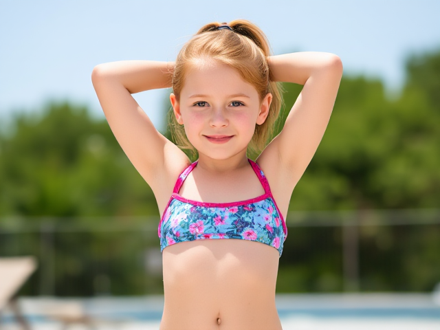 Young redhead girl (9-10 years old) with a ponytail and freckles, wearing a two-piece bikini. Full body shot with both arms raised, standing in an outdoor setting on a sunny day.