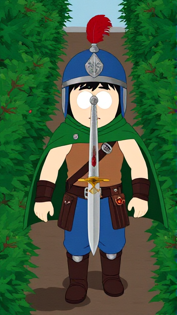 Dramatic South Park scene: Stan Marsh from South Park, light skin and black hair, but as a 14-Year Old teenager with a muscular torso, dressed as a medieval warrior, wearing a light brown tank top, a black belt with a red buckle adorned with a castle emblem with brown pouches and the scabbard for his enchanted sword attached to it, blue jeans, steel armored boots, jeweled wrist cuffs, a really big, heel-length long, ultra-wide green cape held up by two silver buttons with red jewels with a strong unbreakable wire connecting them both, and a blue helmet with buffalo emblems on both sides, outlined by silver steel rims going around and across the top, with a really long red feather sticking out at the top. He is now known as Sir Marsh. Despite still being a teenage kid, he is the Youngest Commander of the Zaronian Army, and one of the youngest and greatest heroes hailing from South Park, Colorado, but now reborn as the real life Kingdom of Kupa Keep, Zaron. With his signature enchanted sword, the Slashing Blade Of The Ranger, held tightly in his hand, the young teenage hero is currently walking through a dangerous bramble maze as he searches for the way out.