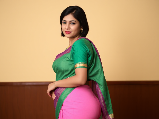 20 year old indian girl. Green shirt and pink tight pants and short black hair. Full body with big butt. Beautiful face.in saree
