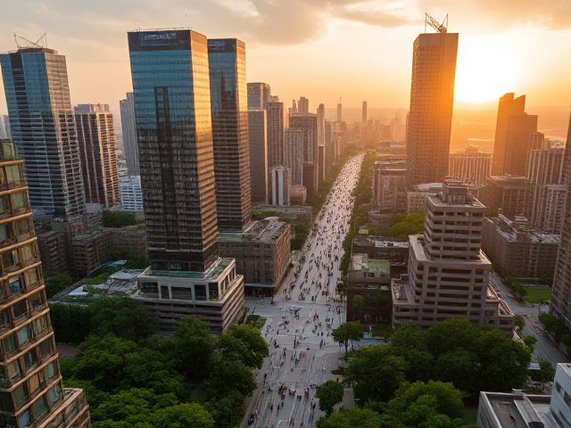 Urban resilience portrayed as a futuristic cityscape, with sustainable skyscrapers interwoven with lush greenery and smart technology, bustling with diverse people in harmonious collaboration, warm sunset casting golden hues, aerial view emphasizing intricate urban planning and connectivity, high definition detail capturing textures of buildings and foliage