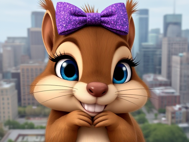A repulsively cute cartoon squirrel with enormous, glistening watery blue eyes and long, thick eyelashes. It is wearing a sparkly purple bow on its head. The squirrel's paws are tucked under its chin as it cocks its head slightly to the side. It has soft brown fur and two huge large front teeth. The background is set in a detailed cityscape of Minneapolis, MN.