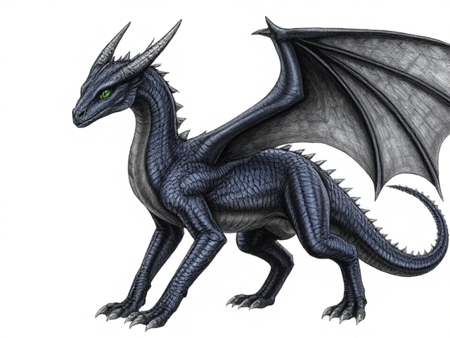 Young Female dragon with dark, midnight blue scales and obsidian black wings; obsidian black underbelly and clawed feet. She has small spikes that align from her head horns down to her back jaw. Her eyes are venom green. Narrow, beautiful face and an elegantly long neck. Has ears like a horse. Powerfully and dominantly built with taut muscles under her scales. She moves purposefully and proudly; has an expression of maturity and seriousness in her face