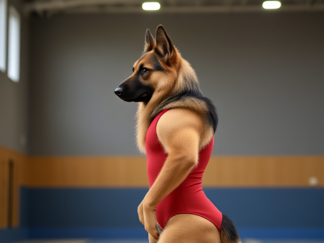A anthropomorphic long haired German shepherd wearing a gymnastics leotard in a gymnasium