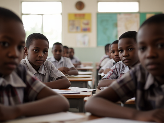 Des élèves africaines  âgés de huit ans assis dans une salle de classe lumineuse, concentrés sur un devoir, avec des bureaux et du matériel scolaire visible autour d'eux, lumière naturelle entrant par les fenêtres