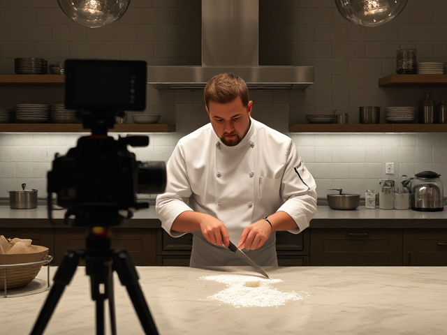 A chef stands in a kitchen in front of a counter.  There is a camera pointed at him.  The chef is chopping salt and talking to the camera.