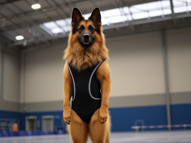 A anthropomorphic long haired German shepherd stands tall wearing a gymnastics leotard in a gymnasium