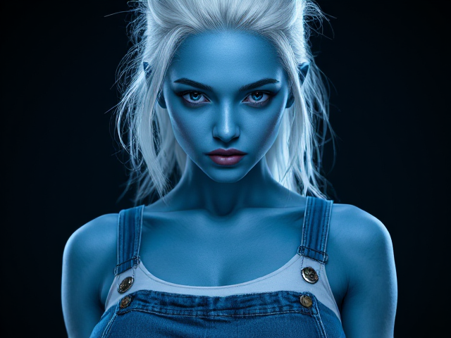 Create blue skin alien woman with white hair  and wearing a tank top and jeans outfit realistic. full body image