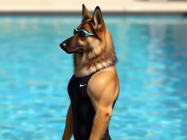 A tall and lean anthropomorphic long haired German shepherd with a long torso and broad shoulders wearing a high cut Nike one piece swimsuit and swimming goggles