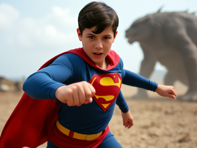 1990's Movie Action Scene: Jon Kent, AKA Superboy, the young, preteen 12-year old kid who is the super son of Superman, and the first kid to be born as the world's first Half-Kryptonian child, with an extremely muscular body, the iconic costume, the singular curled bang sticking out at the front of his flat, smooth, and slick black hair, and a long and ultra-wide red cape, fighting a giant monster in a wasteland in a strange dimension.