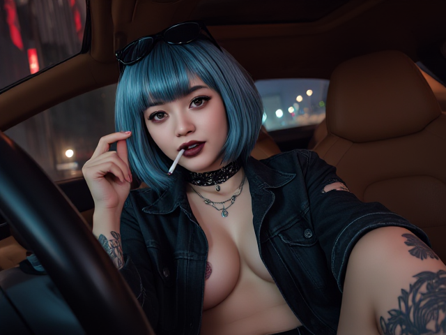 Young nymph Goth girl, 25 years, dark makeup, black lipstick, blue silver short hair with bangs, driving a hypercar with brown leather interior, cigarette in mouth, sunglasses aviator, ripped open black grey denim jacket, shorts, neck to belly tattoo, arm and leg tattoos.