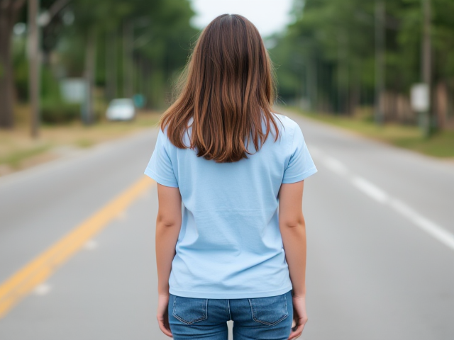 Brunette wearing a light blue t shirt and blue jeans on the road full body view