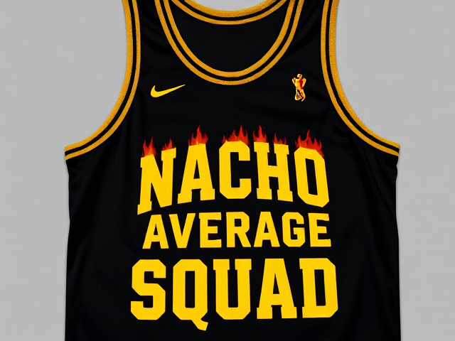 Black singlet with gold trim for a sports team called Nacho Average Squad with flaming chilli and nacho chips integrated in design