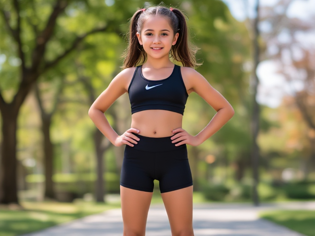 A young girl wearing tight Nike pro shorts, standing confidently in a park with a bright and vibrant background, showcasing her athletic build
