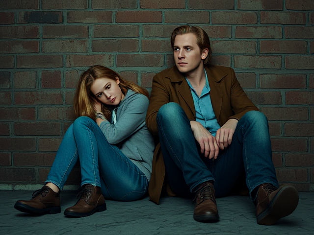 a petite, 13-year-old girl with strawberry blonde hair, wearing jeans and a hooded pullover, sits slumped with her back against a brick wall, feet forward, legs outstretched. Next to her sits a modern-day male vampire, 28 years old, with pale skin and blonde hair, dressed in jeans and a brown trenchcoat. The vampire is slumped against the wall as well, feet forwards, legs outstretched. The girl has a forlorn look and rests her head on the vampire's shoulder. Set at night in an abandoned warehouse, in a holding room with no windows. The vampire is roughed up from a fight. Both have their backs against the wall. 
The vampire looks straight ahead, worried..
