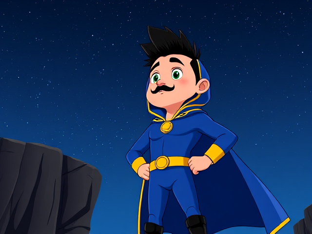 Cartoon scene: A preteen 12-year old boy with light skin and freckles on his cheeks named Kyle Lipton, but transformed into a superhero named Dr. Dimensionpants, who, despite still being a kid, has an extremely muscular body. He wears a tight blue hood outlined by a yellow line that covers the back half of his head and leaves his ears exposed, with a smooth, slicked back black mohawk on top. He also wears a sleek blue bodysuit outlined with yellow lines on the cuffs of the sleeves and pants, a golden belt with a circular buckle, black boots, and a really big, heel-length long, ultra-wide blue cape with a really big collar outlined with yellow lines wreathed around his neck held up by a golden button. The pupils in his eyes are green, and he has a long black twin moustache. He also has incredible, invincible, and cosmic superpowers flowing through his veins. He is currently standing at the edge of a tall cliff, gazing up to the starry night sky, wondering what his true destiny is,