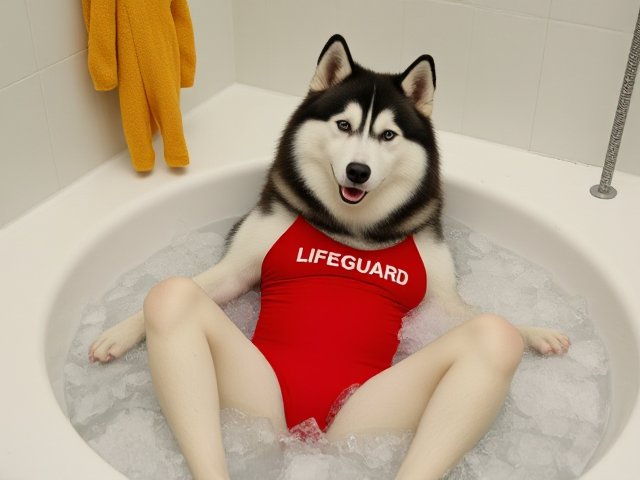 A anthropomorphic alaskan malamute wearing a red lifeguard one piece swimsuit sitting in a ice bath relaxing her sore muscles