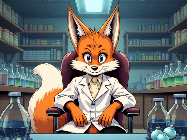 Tails theTwo tailed anthropomorphic fox, sitting in chair in a chemistry lab wearing a lab coat with ash on his face due to a failed experiment