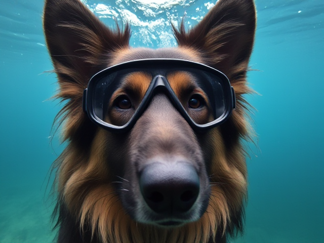 Long haired German shepherd freediving goggles