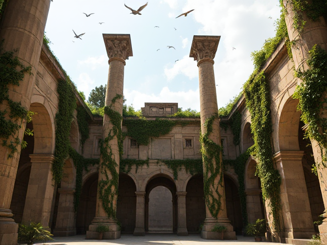 "Generate an ancient courtyard with tall stone pillars, archways, and walls overtaken by vines and greenery. The scene should feel like an abandoned temple, with sunlight filtering through an open sky. There should be a mix of architectural grandeur and natural overgrowth, with symmetrical arches and stone structures. Birds flying in the sky, creeping vines, and soft shadows create an atmosphere of mystery and adventure. The focus is on the detailed background, without any people, allowing the space to feel immersive and ancient."