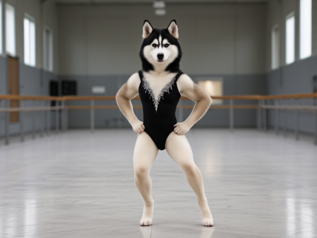 Anthropomorphic Siberian husky strong hips gymnastics leotard gymnasium