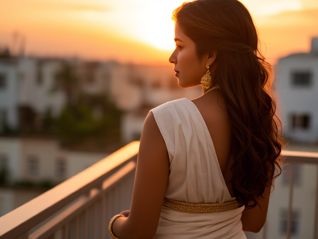 Skinny Indian woman with brown hair, white saree, and gold bangels, back facing the angle on a balcony