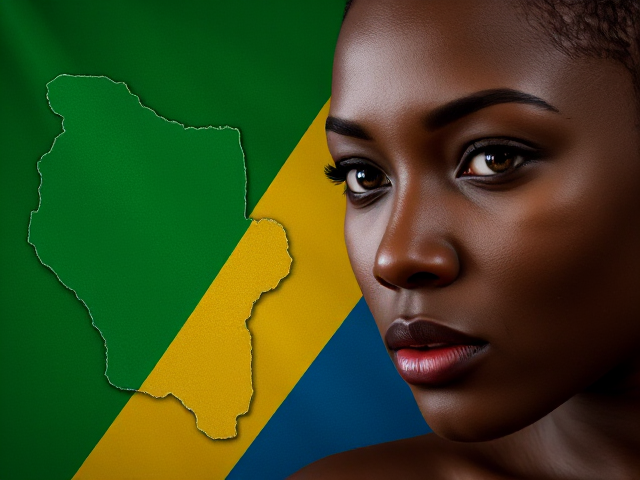 Carte du Gabon placée à côté d'un drapeau vert, jaune et bleu à bandes horizontales, avec des détails clairs et précis