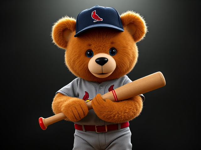 A human thin teddy bear 5 feet 8 inches tall orange tan fur blue eyes wearing a cardinals uniform navy hat with cardinal bird logo grey jersey and pants with  red socks red cleats holding a new baseball bat that's tan with red grip tape