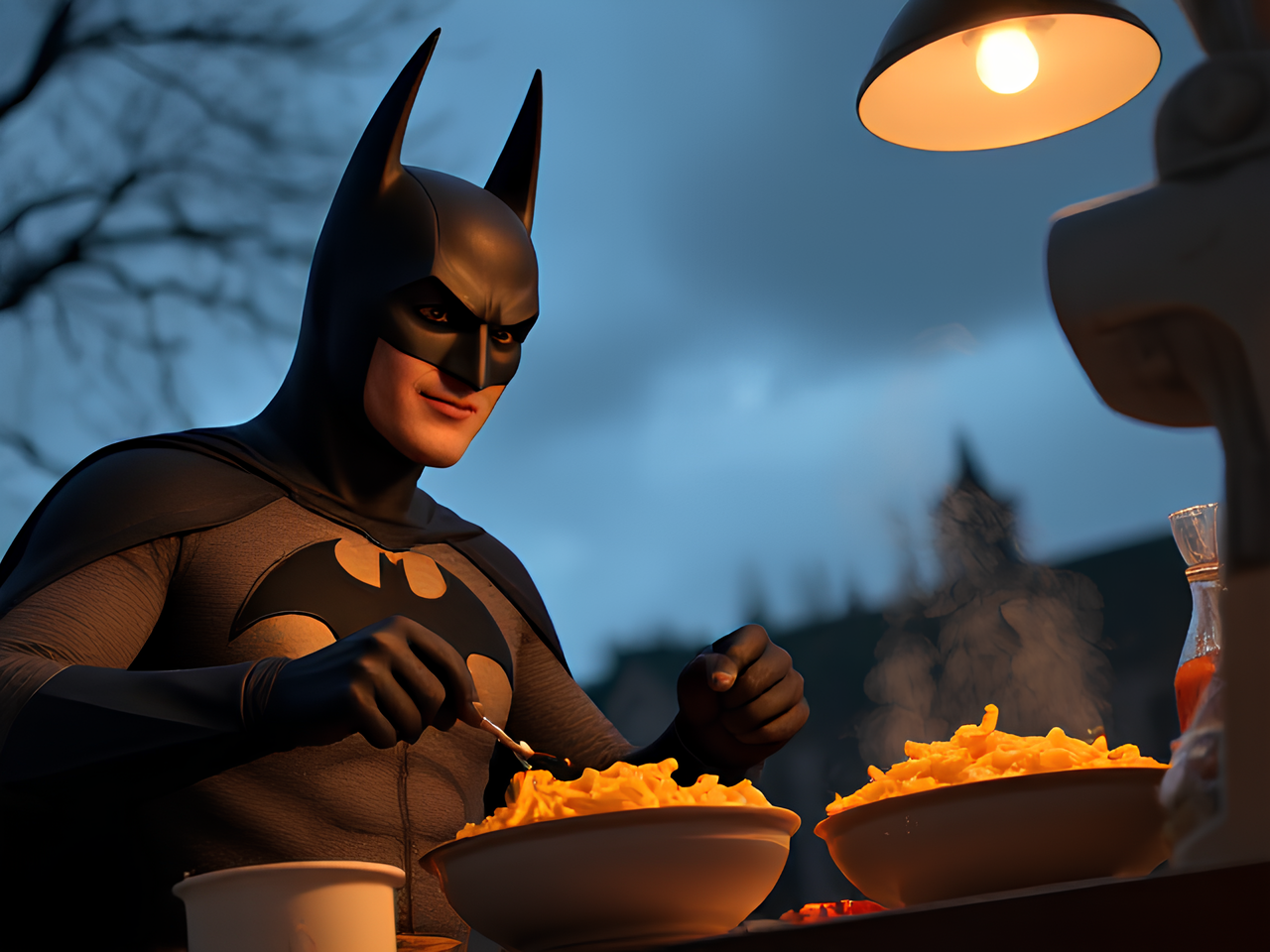 bat man cooking macaroni and chese