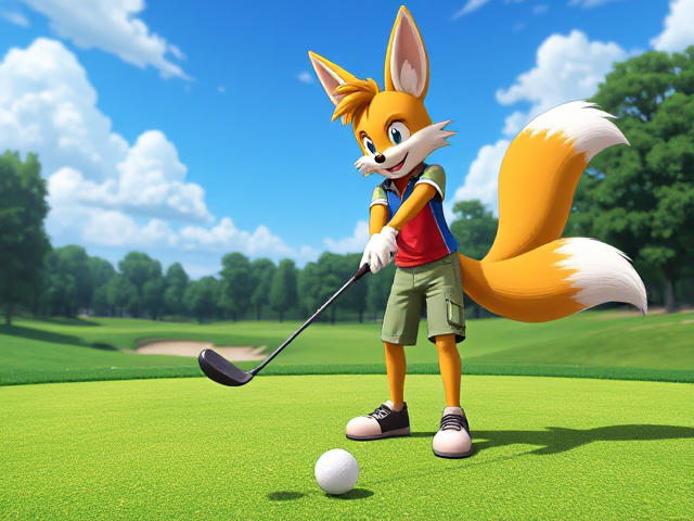 Miles Tails Prower, the two-tailed anthropomorphic fox, on a golf course teeing off from the green, performing an improbable trick shot where he hits the ball behind himself, wearing a sporty outfit with vibrant colors, surrounded by lush greenery and blue skies, showcasing dynamic motion and expression