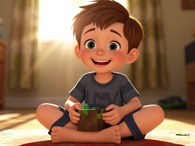 A young boy with brown hair, fair white skin, and a face full of freckles sitting cross-legged on the floor. He is joyfully engaged in playing with a Minecraft toy. The scene is depicted in a vibrant animated style, capturing the innocence and imagination of childhood