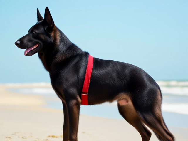 Anthropomorphic black German shepherd with realistic, well-defined muscular hips, vivid red lifeguard one-piece swimsuit, confidently standing on a sunlit beach, detailed fur texture, dynamic pose, clear blue sky background