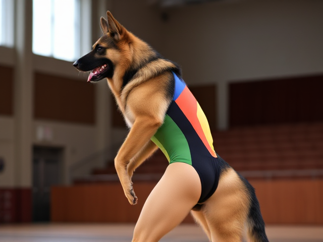 Anthropomorphic German shepherd with strong hips, wearing a colorful gymnastics leotard, performing in a gymnasium setting, dynamic pose