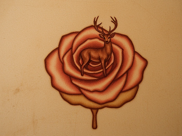 Burn mark in the shape of a rose, with a majestic deer standing gracefully above it, detailed and realistic