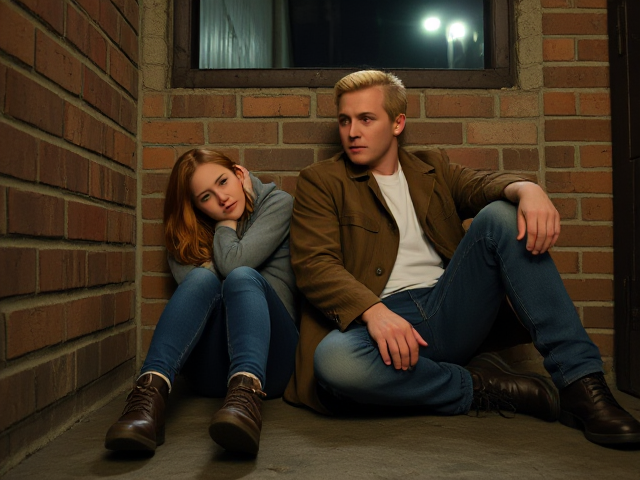 a petite, 13-year-old girl with strawberry blonde hair, wearing jeans and a hooded pullover, sits slumped with her back against a brick wall, feet forward, legs outstretched. Next to her sits a modern-day male vampire, 28 years old, with pale skin and blonde hair, dressed in jeans and a brown trenchcoat. The vampire is slumped against the wall as well, feet forwards, legs outstretched. The girl has a forlorn look and rests her head on the vampire's shoulder. Set at night in an abandoned warehouse, in a holding room with no windows. The vampire is roughed up from a fight. Both have their backs against the wall. 
The vampire looks straight ahead, worried.. they're in a locked room. Seen through a window in the door.