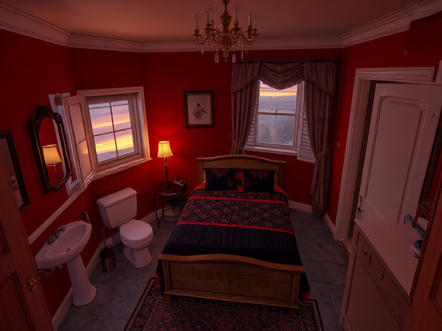 A top floor small bedroom in a big house with a bathroom with a toilet and tub near it red walls a casket bed with black and red covers